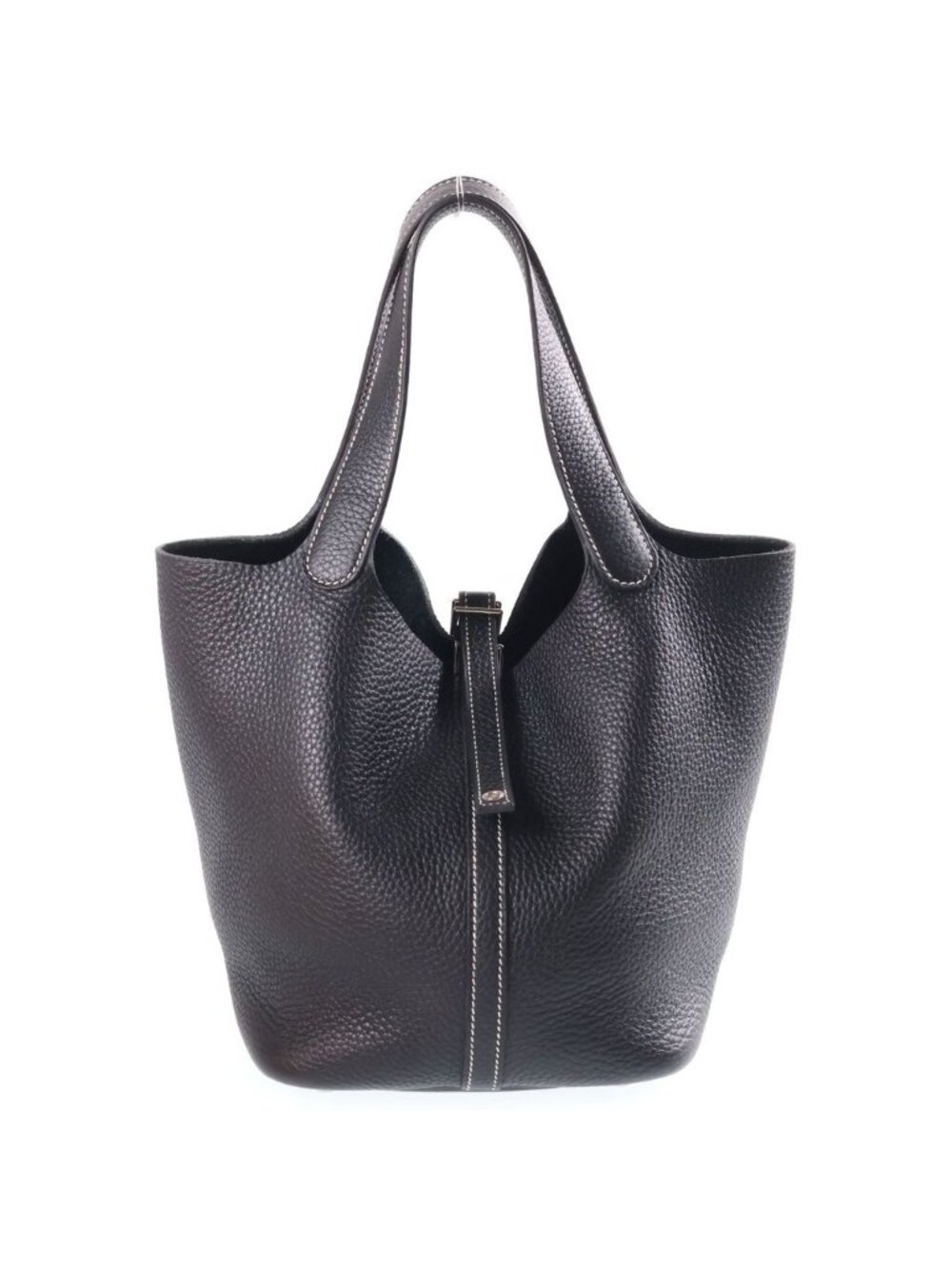 Hermes Picotin Lock MM Noir Taurillon Clemence Leather Handbag Silver Black